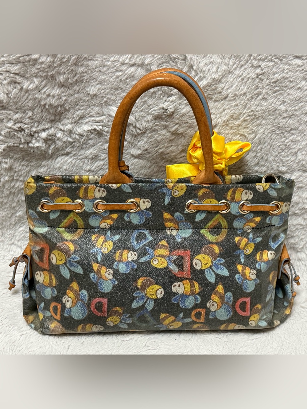 Dooney & Bourke Black Bee Print Satchel with Yellow Bow - Picture 4 of 9